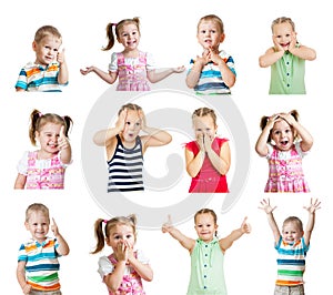 collection of kids with different emotions isolated on white background