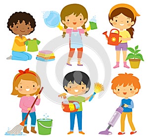 Collection of kids doing various housework