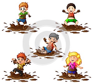 Collection of kids playing in the mud