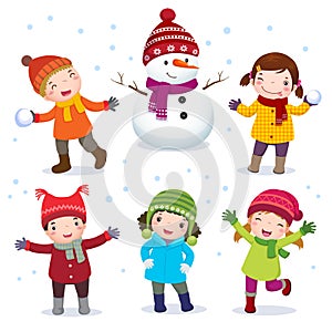 Collection of kids with snowman in winter costume