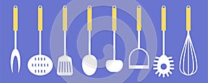 Collection of kitchen tools on a blue background. Set of items for cooking. Vector illustration in flat style