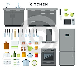 Collection of kitchen utensils, appliances, equipment, furniture. Vector illustration in flat style.