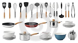 Collection of kitchen utensils and cookware isolated on white background