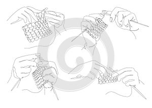 Collection. Knitting with threads. Hands of man, woman in modern trendy style with one line. Solid line, outline for decor, poster