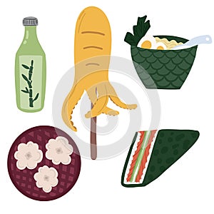 Collection of Korean food hand drawn vector set with octopus stick