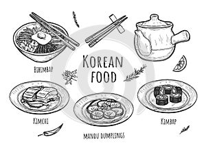 Collection of korean traditional dishes and tea photo