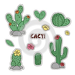 Collection of labels with cacti. Set of hand drawn cactus and succulent plant stickers