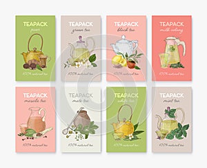 Collection of labels or tags with different types of tea - black, green, white, masala, mate, puer, mint, milk oolong