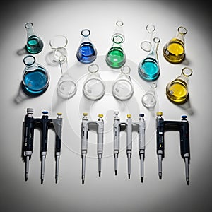 A collection of laboratory equipment arranged on a white surface