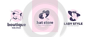 Collection of lady hat store and boutique emblems with hand drawn portraits of elegant stylish beautiful women isolated on white b