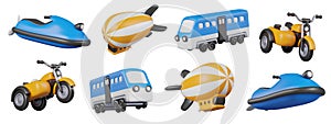 Collection of land, water and air vehicles. Colored vector objects in different positions