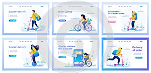Collection of landing pages about delivery. Couriers young boys and girls work as couriers, delivering food and food