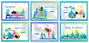 Collection of landing pages about meditation. The girl does yoga, meditates, pumps internal installations, money