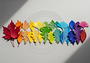 A collection of leaves arranged in a gradient of rainbow colors is