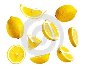 Collection of lemons isolated on white background. Juicy ripe lemon whole and sliced. Citrus, vitamin C, fruit, concept