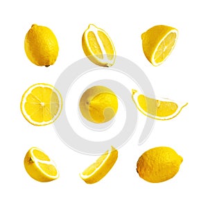 Collection of lemons isolated on white background. Juicy ripe lemon whole and sliced. Citrus, vitamin C, fruit, food concept
