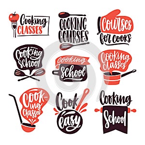 Collection of lettering written with cursive font and decorated with cookware, kitchen utensils isolated on white