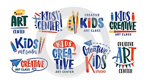 Collection of letterings handwritten with calligraphic fonts for logo of art class or creative studio for children. Set