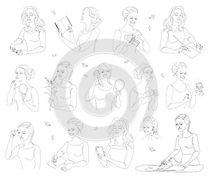 Collection. The life of a woman. Silhouettes of a lady with a cup, pen, knitting, phone, book in modern one line style. Solid line