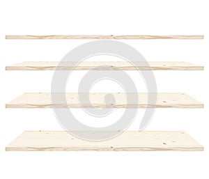 Collection of light wooden shelves. wood shelf isolated on white background