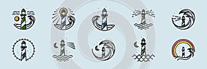 Collection of Lighthouse Vector Illustration Logo Design. Wave and lighthouse icon in set. Ocean, Wave, Night and Lighthouse Logo