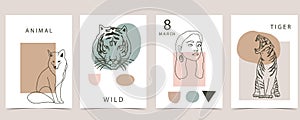 Collection of line design with fox,tiger,woman.Editable vector illustration for website, invitation,postcard and banner photo