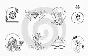 Collection of line design with woman,snake,moon.Editable vector illustration for website, sticker, tattoo,icon