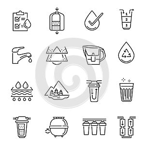Collection of line icon water filtration chemical research drinking beverage for healthy nutrition