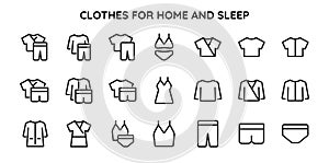 Collection of linear icons of clothes for home and for sleep. Home clothes. Nightwear sets. Homewear. Sleepwear vector