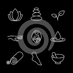 Collection of linear, modern style spa, wellness icons. Vector art.