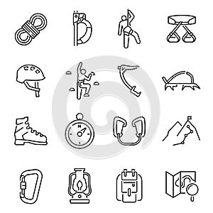 Collection of linear simple climbing icon vector illustration alpinism, mountaineering, hiking photo