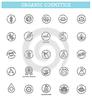 Natural organic cosmetics, vegan food symbols. Thin signs for packaging