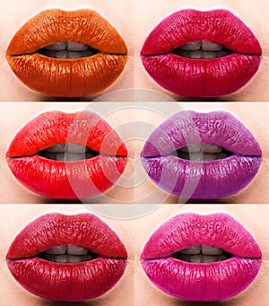 Collection: lips red and purple hues. The palette of lipsticks. Close-up