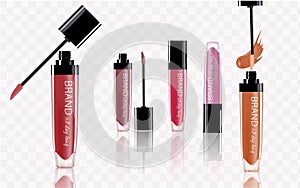 Collection of lipstick with different color shade. Colorful lip gloss smudges. Makeup cosmetic product package. Vector