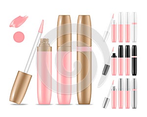 Collection of lipstick tubes with different color shade. Colorful lip gloss smudges. Makeup cosmetic product package.