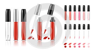 Collection of lipstick tubes with different color shade. Colorful lip gloss smudges. Makeup cosmetic product package.