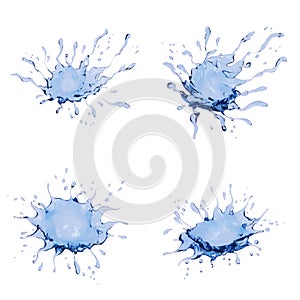 Collection of liquid blue water splash drop exploded isolated on white background.