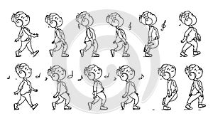 Collection of listening to music teenager icons. Animation sprite set frame loop. Dance. Music. Flat cartoon style.