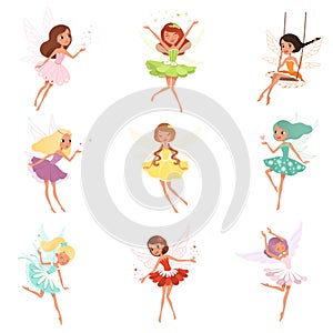 Collection of little fairies. Magical creatures from fairy tale. Cartoon girls characters with colorful hair and wings