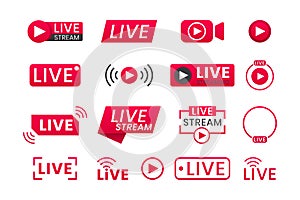Collection of live streaming icons. Buttons for broadcasting, livestream or online stream. Template for tv, online photo