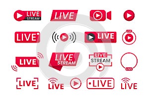 Collection of live streaming icons. Buttons for broadcasting, livestream or online stream. Template for tv, online