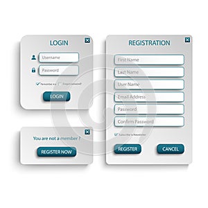 Collection login and register web screen with atypical buttons