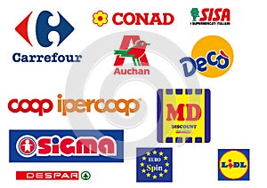 Collection of logos of the most popular supermarkets in Italy