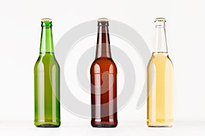 Collection longneck beer bottles 500ml different colors, mock up. Template for advertising, design, branding identity on white woo