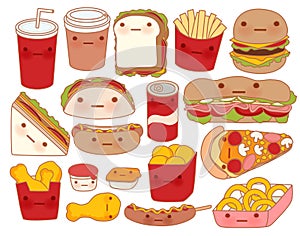 Collection of lovely baby food doodle icon , cute hamburger , adorable sandwich , sweet pizza , kawaii coffee , girly taco