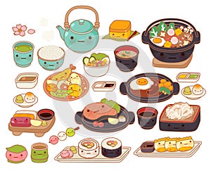 Collection of lovely baby japanese food doodle icon