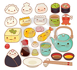 Collection of lovely baby japanese oriental food doodle icon