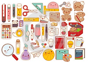 Collection of lovely baby stationery character doodle icon , cute pencil , adorable teddy bear doll , sweet lunchbox , kawaii book