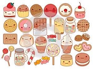 Collection of lovely baby sweet and dessert doodle icon , cute cake , adorable candy , sweet ice cream , kawaii jelly bean