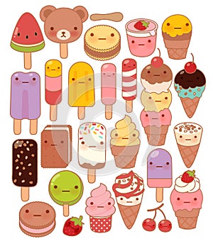 Collection of lovely baby sweet and dessert doodle icon , cute icecream , adorable popsicle , sweet soft cream , kawaii gelato